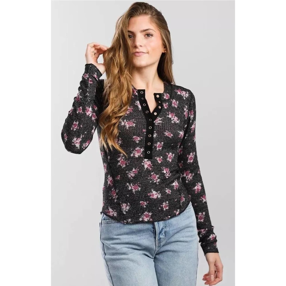 NWT Free‎ People One of The Girls Henley in Black Floral Print Size XS